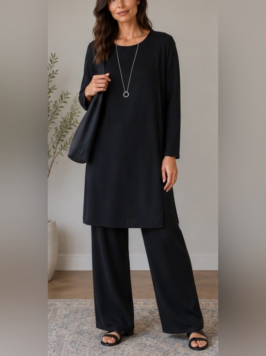 Eileen Fisher Tops - Eileen Fisher Womens M Black 100% Silk Tunic Dress High Side Slits Long Sleeve